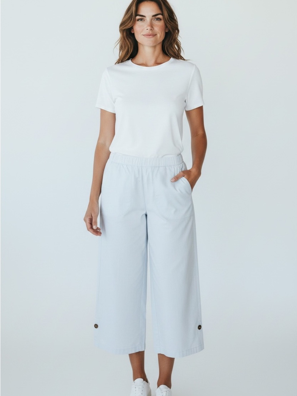 Women’s White Capris - Classic Lightweight Style Ankle Button Detail Medium